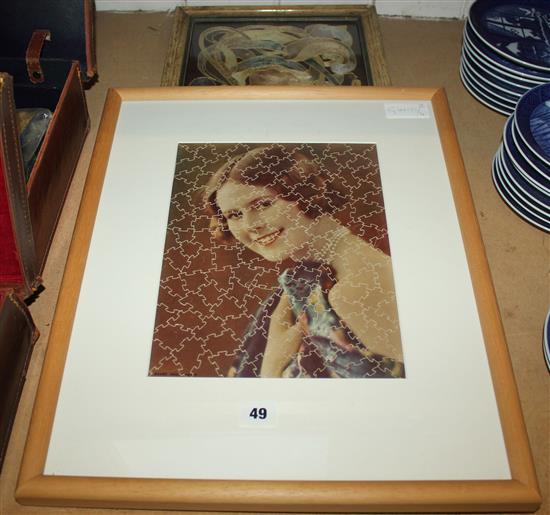 1920s framed jigsaw & an Arts and Crafts framed embroidery